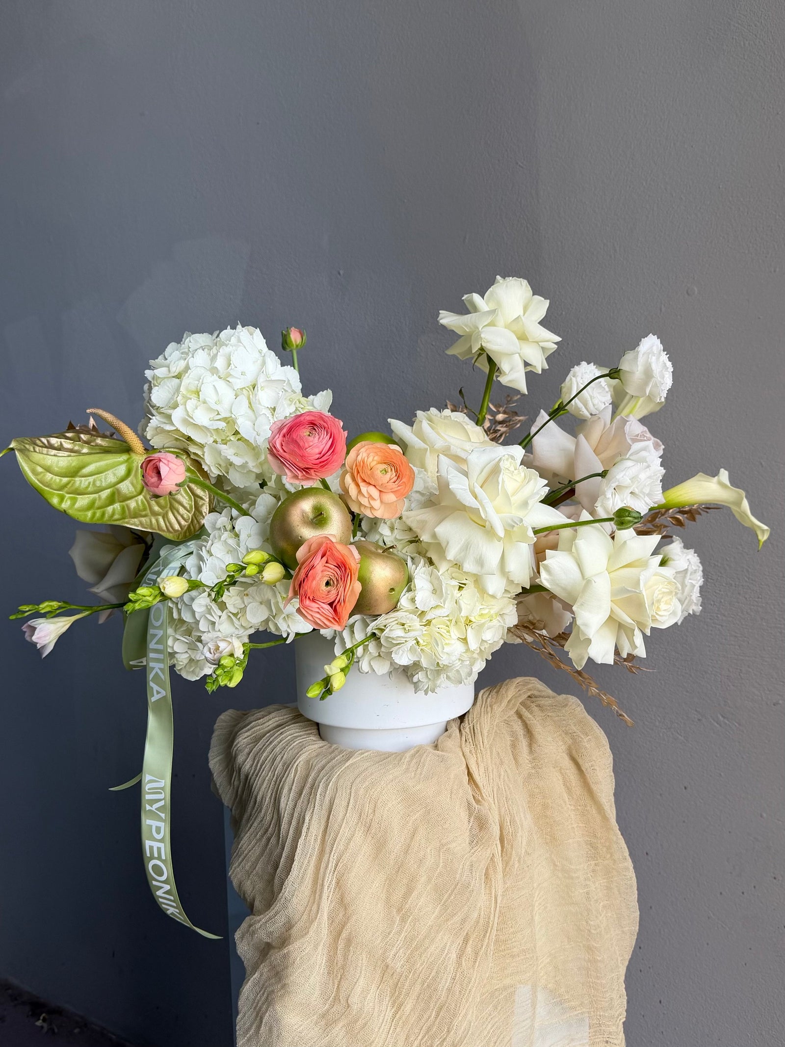 Vase Arrangement “September Silk” — hydrangea, rose, ranunculus, calla lily, anthurium, decorative apple