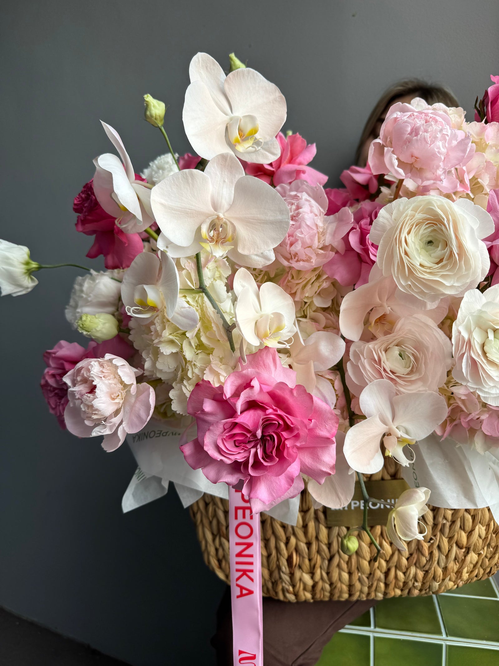 Flower Basket “The Way She Smiles” — roses, orchids, ranunculus