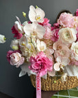Flower Basket “The Way She Smiles” — roses, orchids, ranunculus