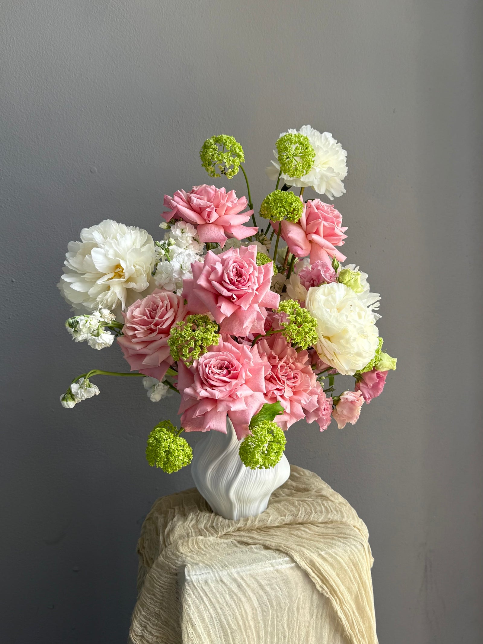 Vase Arrangement “Petal Baby” — roses, peonies, viburnum