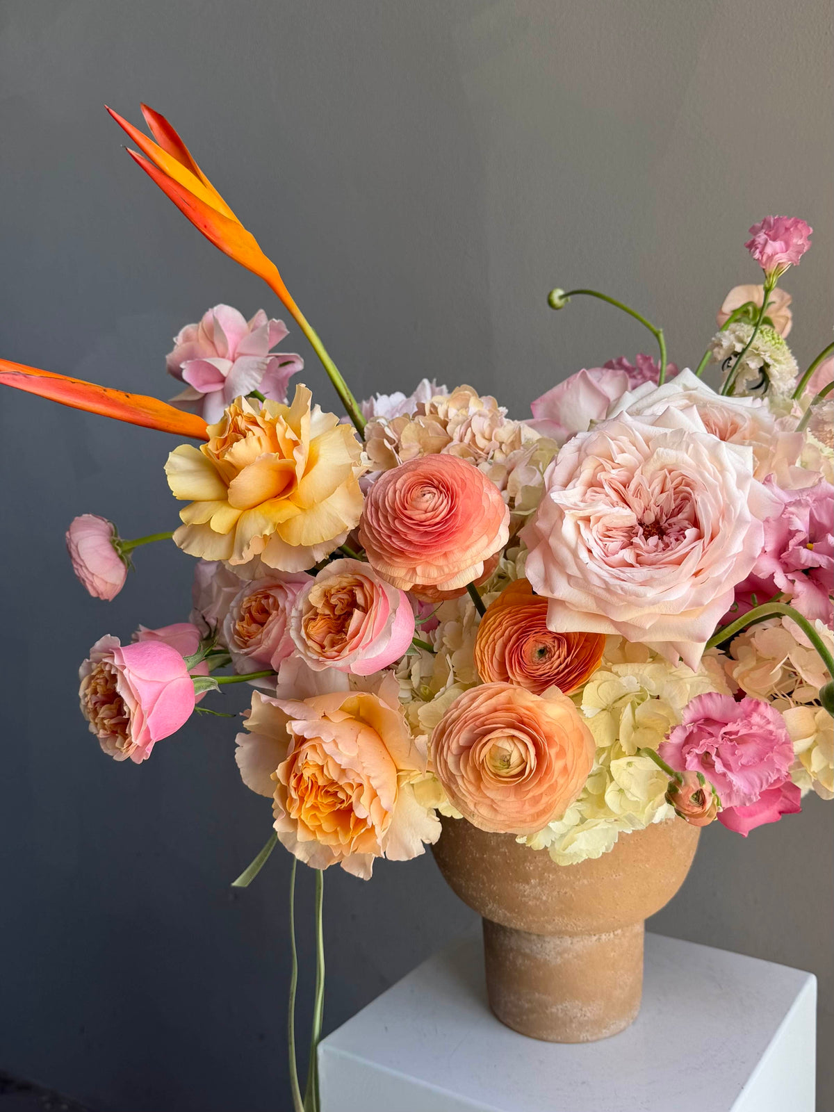Vase Arrangement “Dear September” — roses, ranunculus, hydrangea, bird of paradise