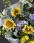 Bouquet “Radiant Smile” - sunflowers, delphiniums, hydrangeas