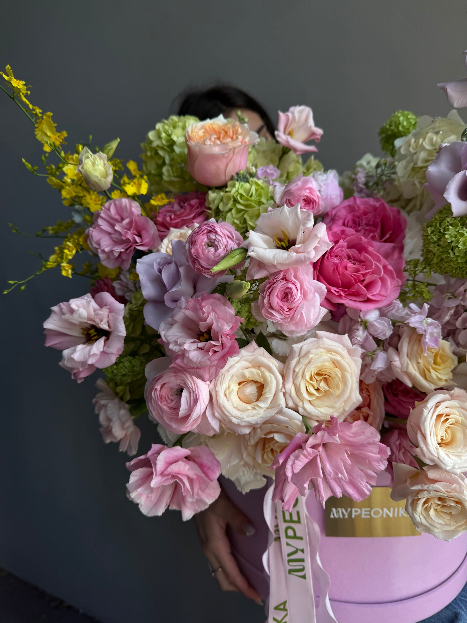 Flower Box “For Her, With Love” — roses, hydrangea, peonies, ranunculus, viburnum