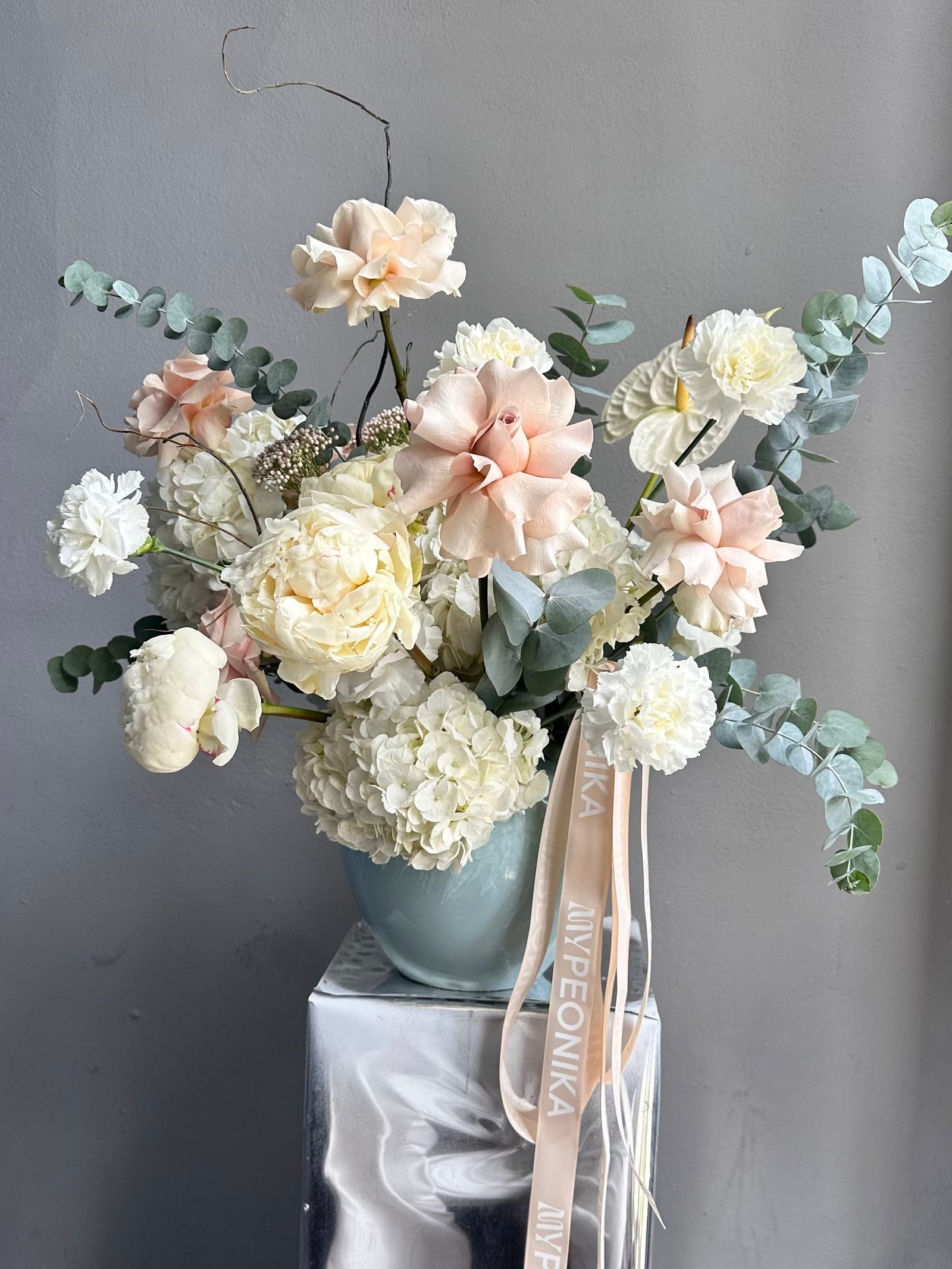Interior Arrangement “Mint to Be” — hydrangeas, roses, peonies, eucalyptus, carnations