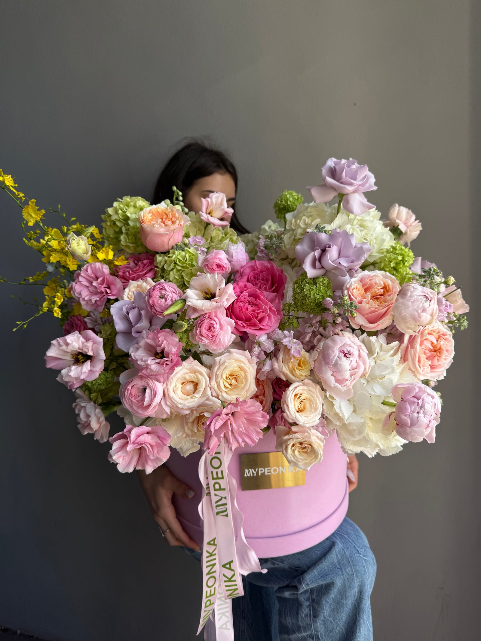 Flower Box “For Her, With Love” — roses, hydrangea, peonies, ranunculus, viburnum