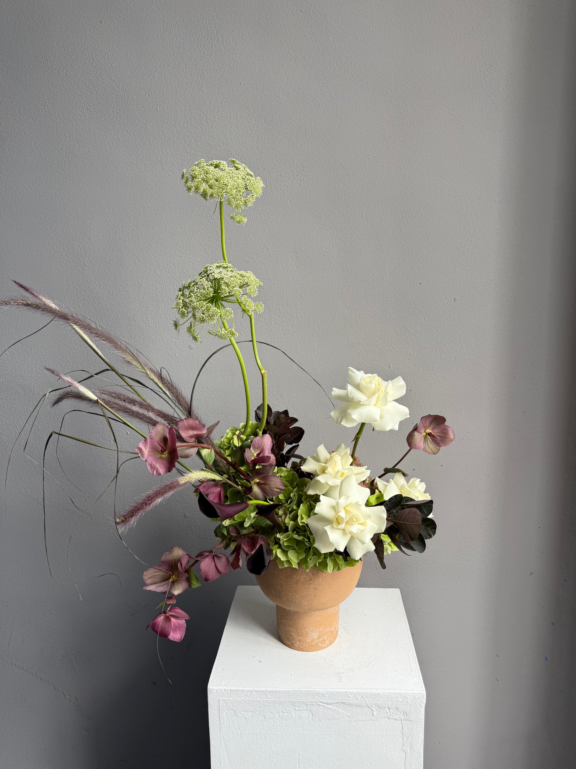 Interior Arrangement “Autumn Archive” — viburnum, roses, hydrangea