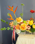 Vase Arrangement “No Beige” — gerberas, roses, green dianthus, hydrangea, viburnum, molucella, decorative apple