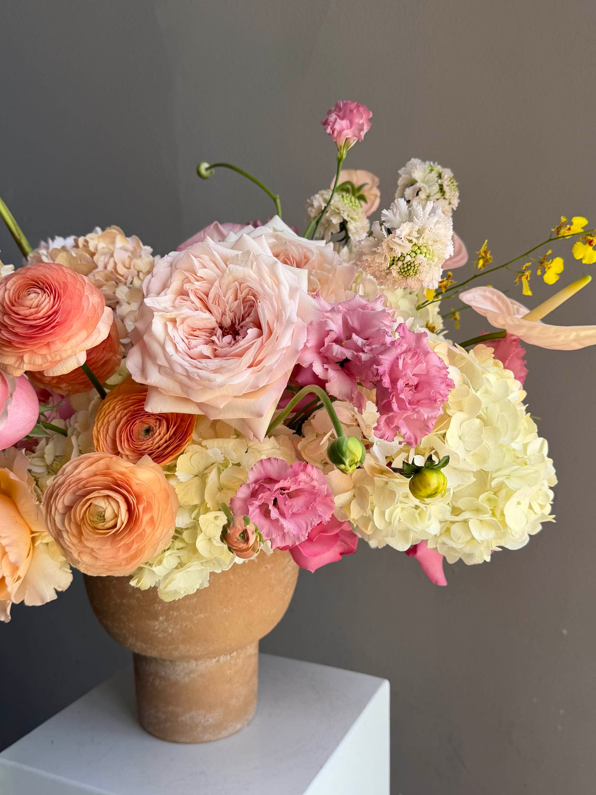 Vase Arrangement “Dear September” — roses, ranunculus, hydrangea, bird of paradise