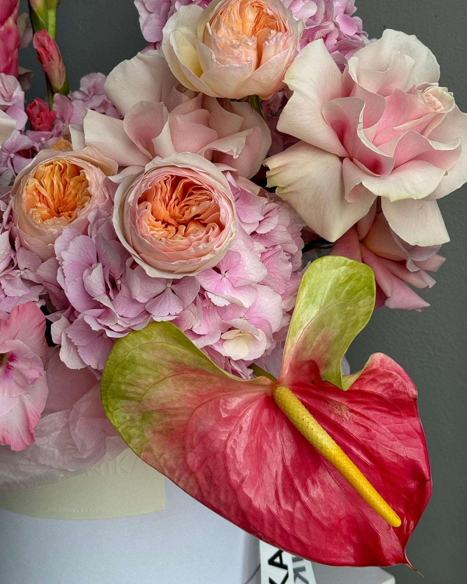 Flower Box “Island Majesty” - French and garden roses, anthuriums, birds of paradise