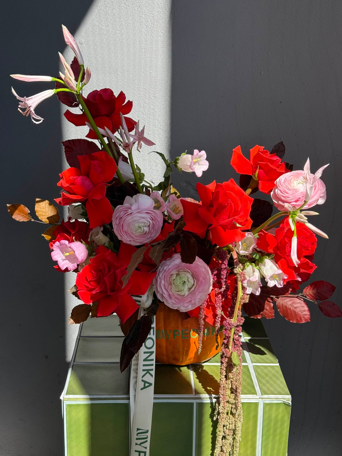 Interior Arrangement “Pumpkin Club” — roses, ranunculus, amaranth