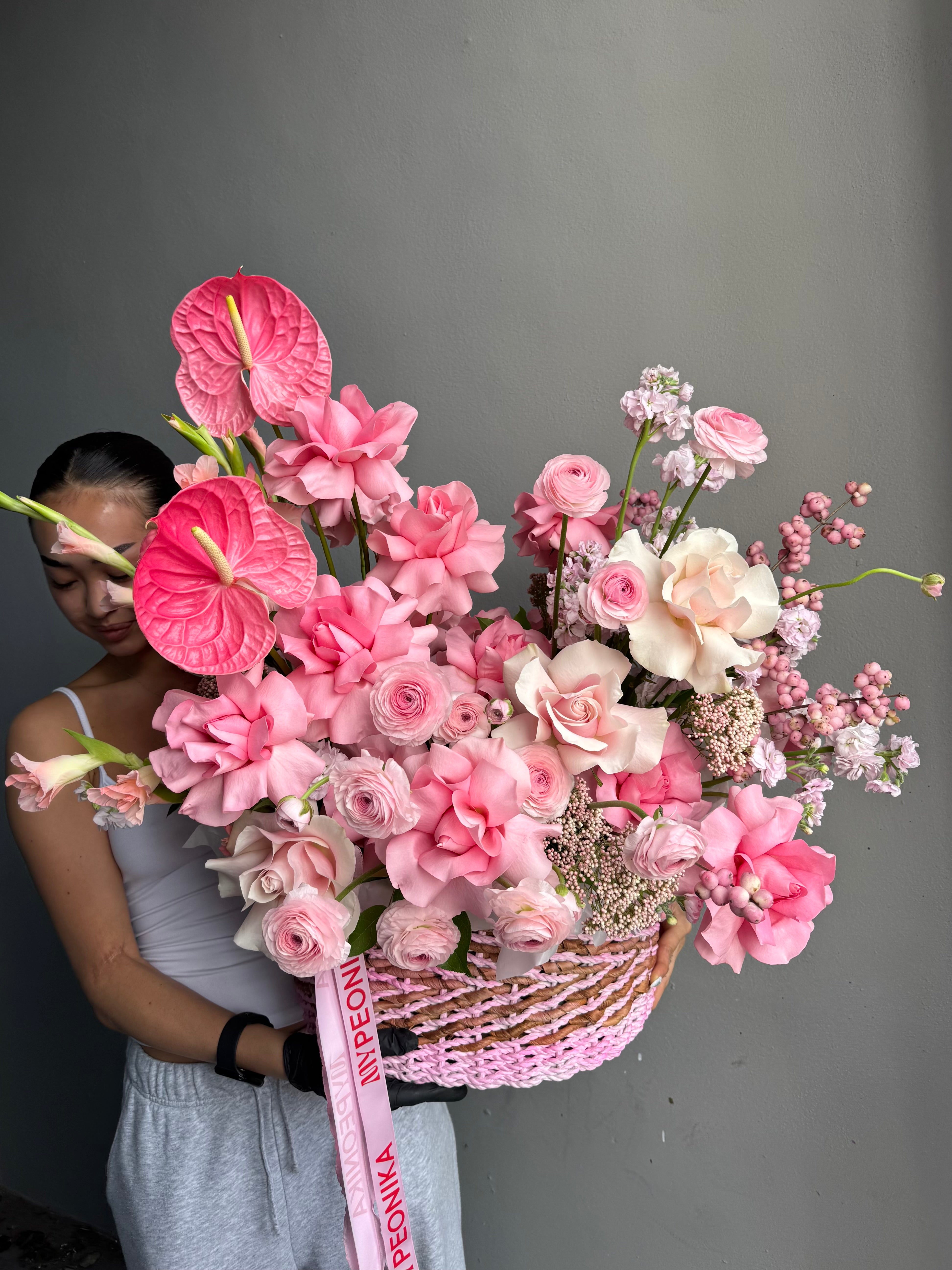 Flower Basket “Powder Shock” — anthurium, roses, ranunculus