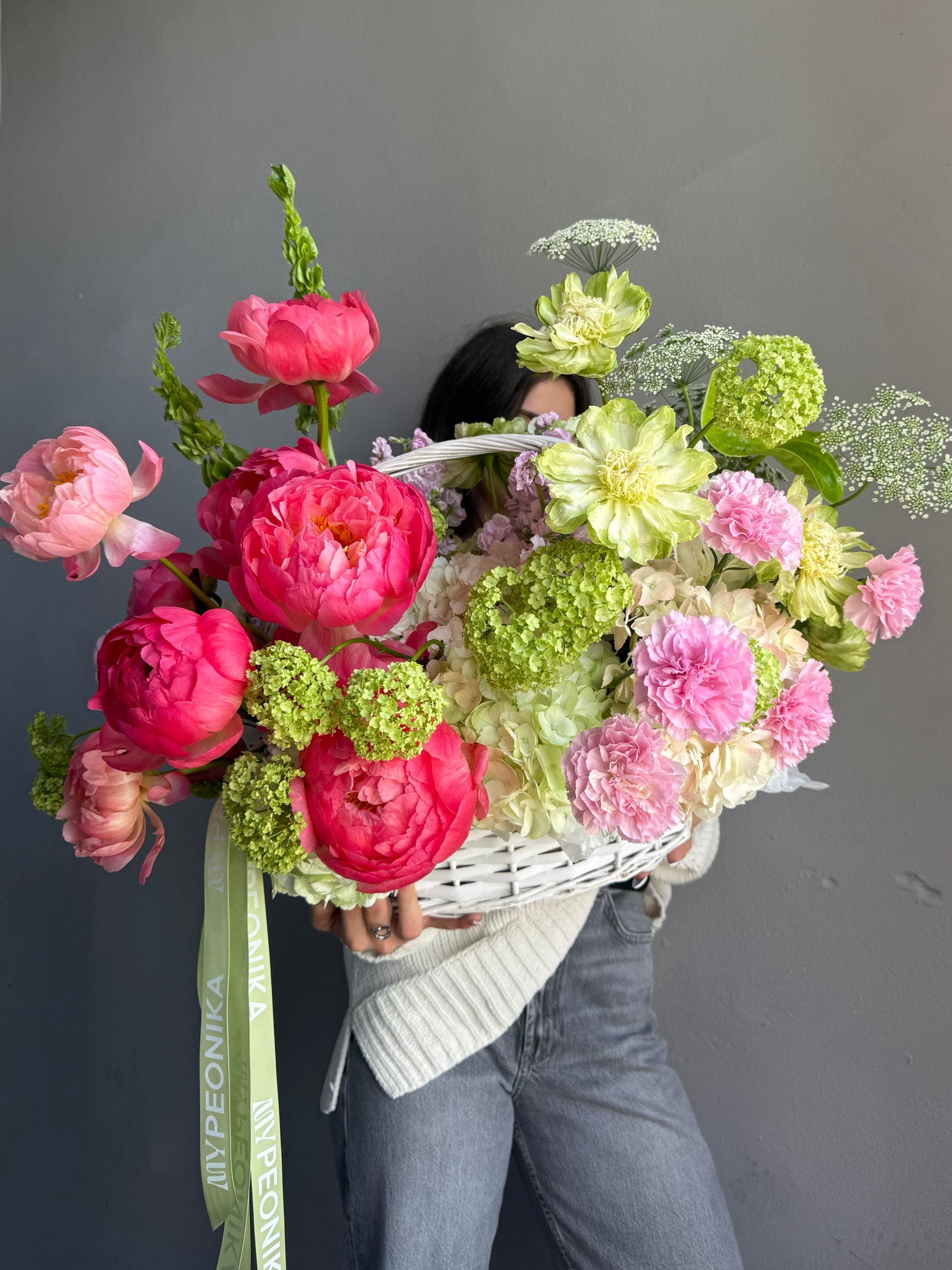 Flower Basket “Peak Summer” — peonies, veggie roses, viburnum, hydrangeas