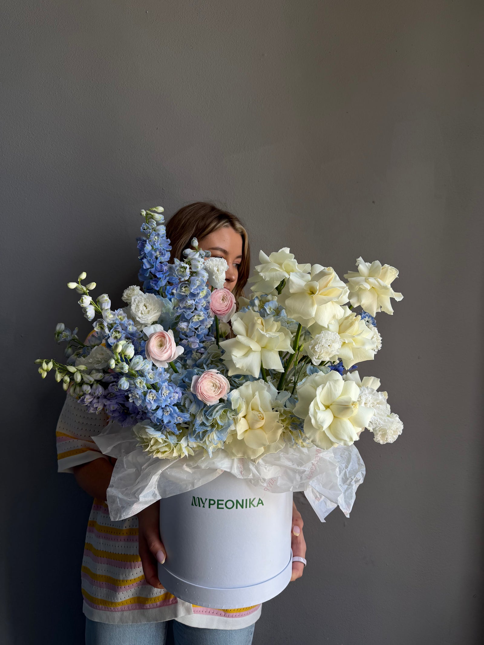 Flower Box “Unsent Message” — roses, delphinium, ranunculus