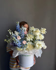 Flower Box “Unsent Message” — roses, delphinium, ranunculus