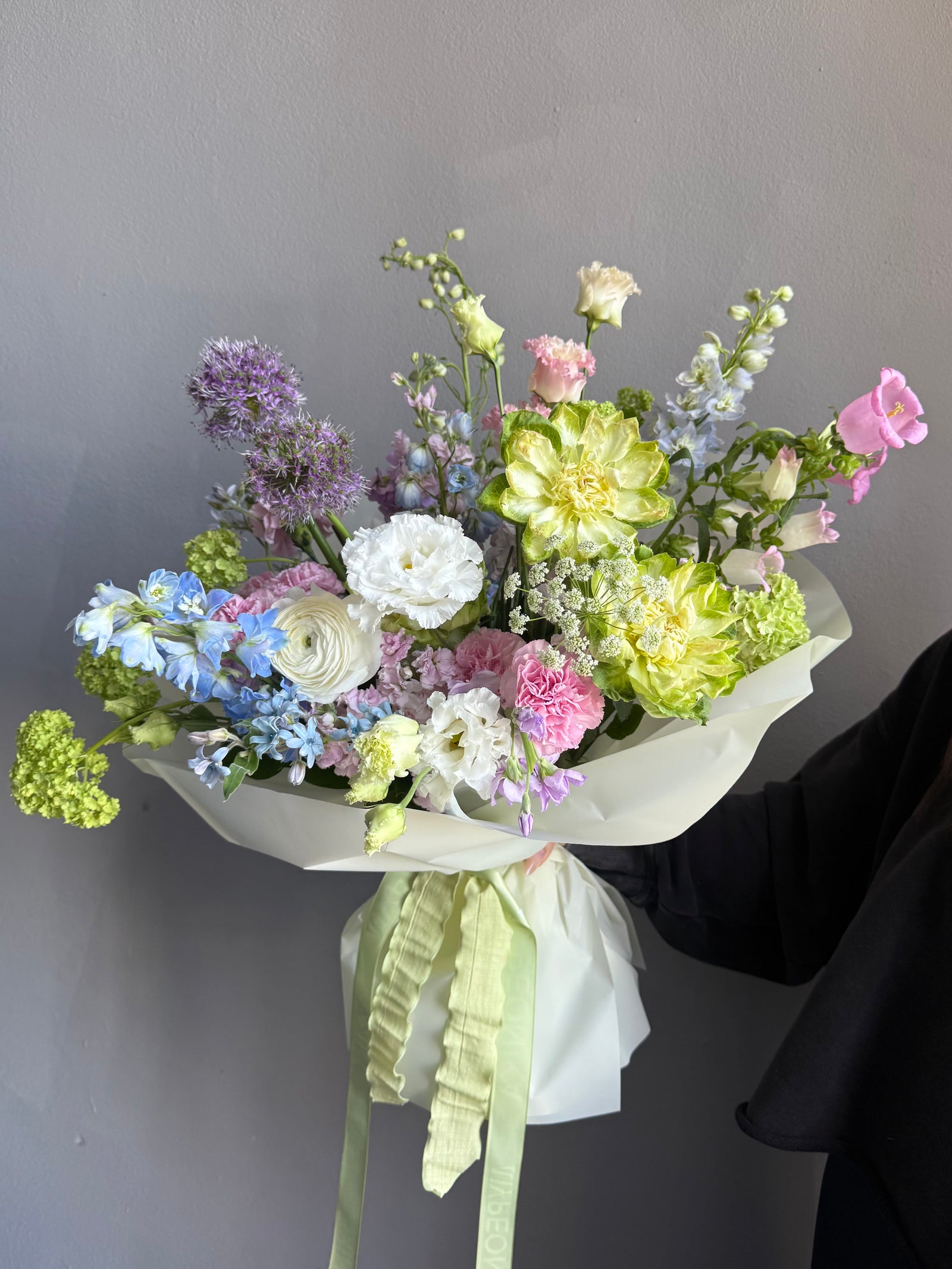 Bouquet “Color Me Happy” — veggie roses, allium, delphinium, campanula