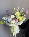 Bouquet “Color Me Happy” — veggie roses, allium, delphinium, campanula
