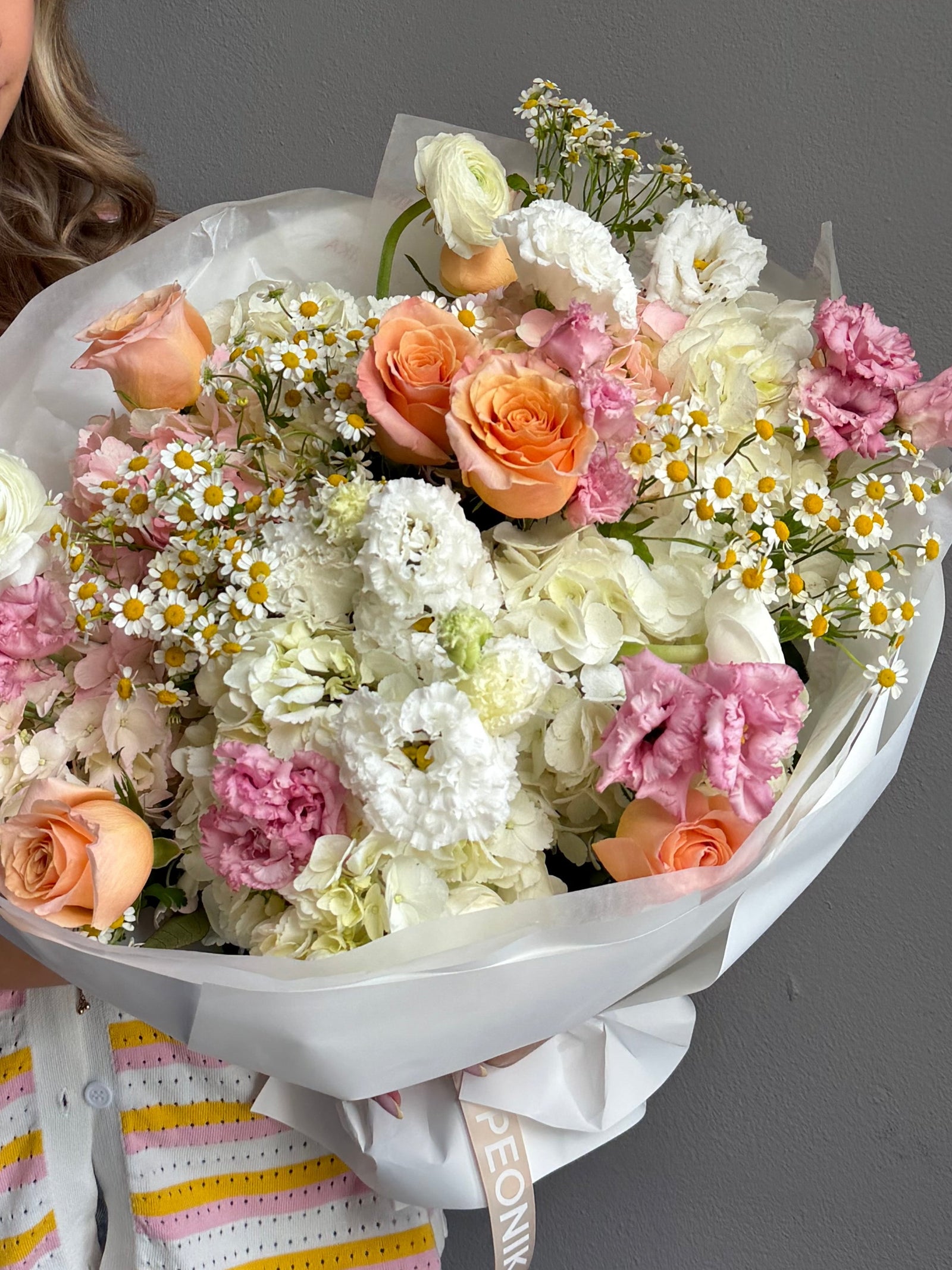 Bouquet "Petal Provocateur" - lisianthus, chamomile, hydrangeas, roses