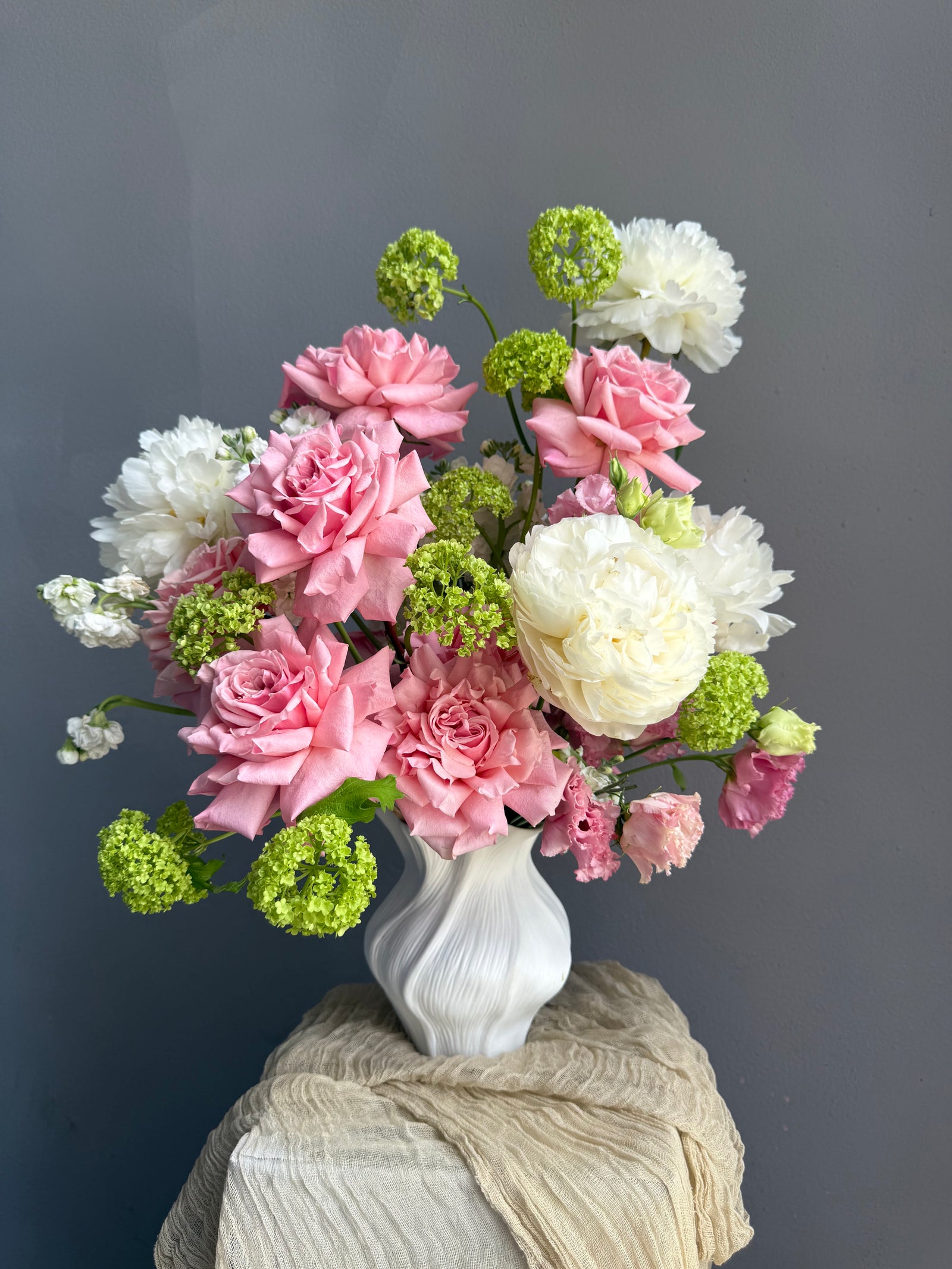 Vase Arrangement “Petal Baby” — roses, peonies, viburnum