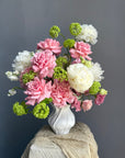 Vase Arrangement “Petal Baby” — roses, peonies, viburnum