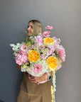 Flower Box “Sunny Side” — garden roses, hydrangea, daisies