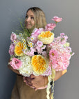 Flower Box “Sunny Side” — garden roses, hydrangea, daisies