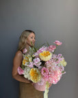 Flower Box “Sunny Side” — garden roses, hydrangea, daisies
