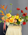 Vase Arrangement “No Beige” — gerberas, roses, green dianthus, hydrangea, viburnum, molucella, decorative apple
