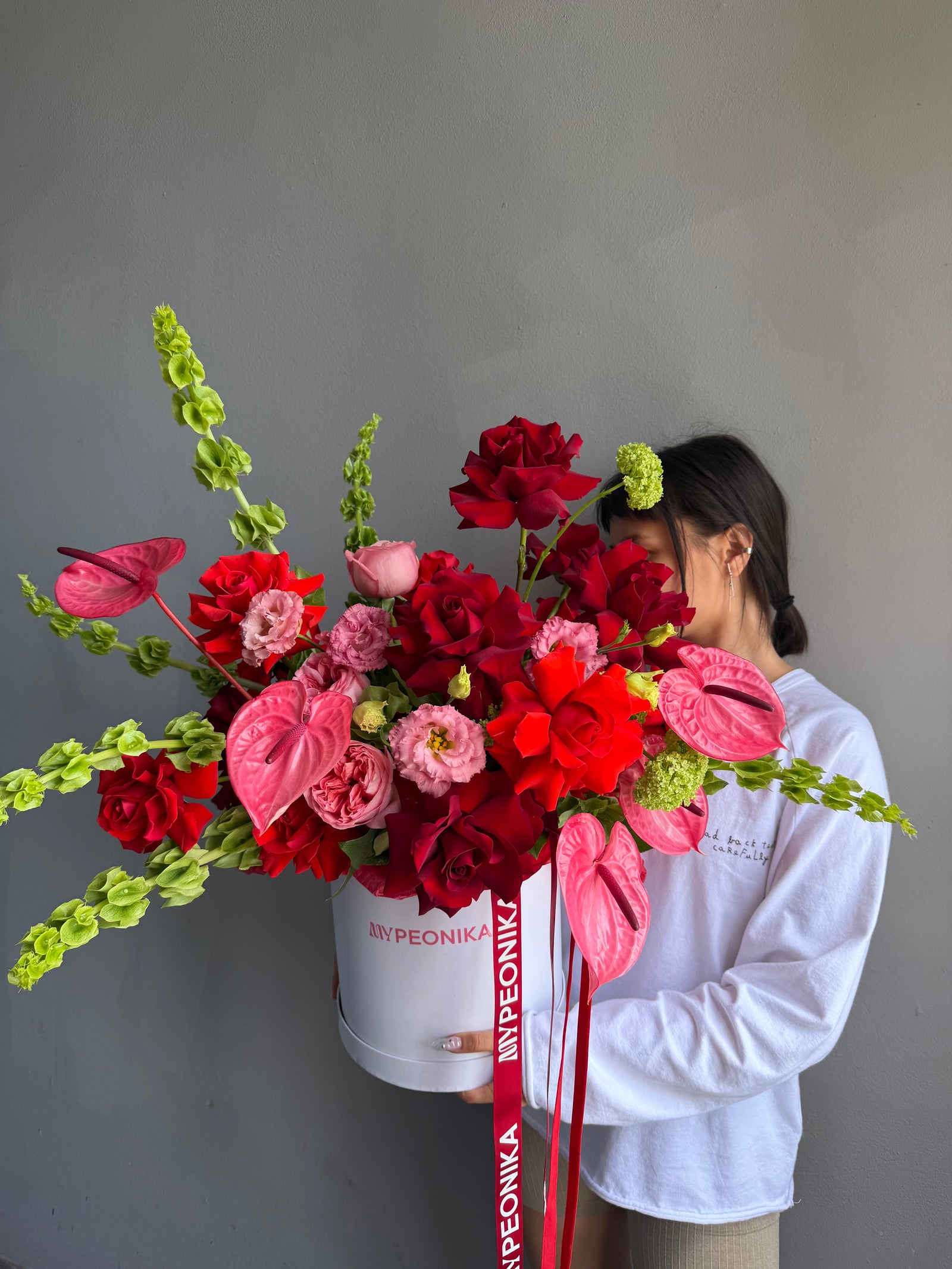 Flower Box “Too Good in Red” — anthurium, roses, viburnum