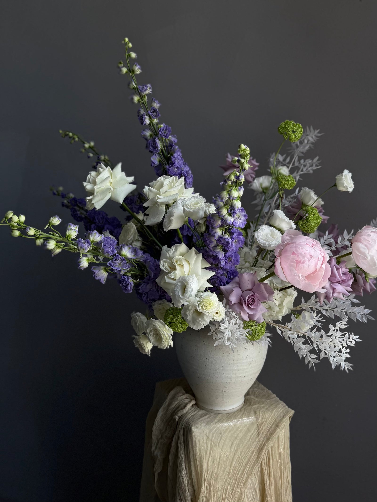 Vase Arrangement “Summer Poetry” — delphinium, peonies, roses, viburnum, lisianthus