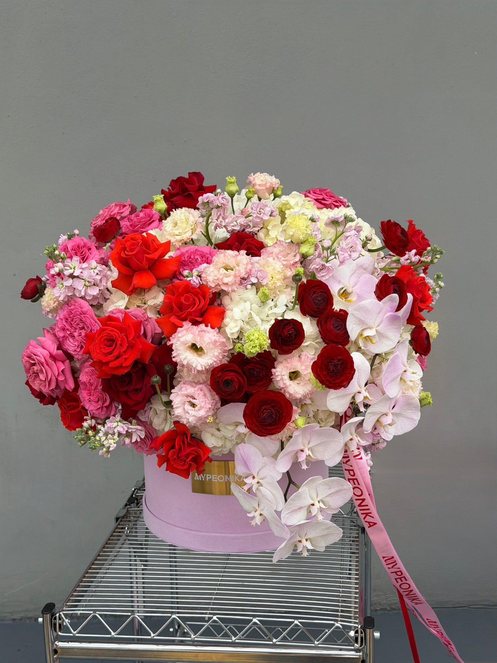 Flower Box “Statement of Love” — ranunculus, rose, hydrangea, orchid