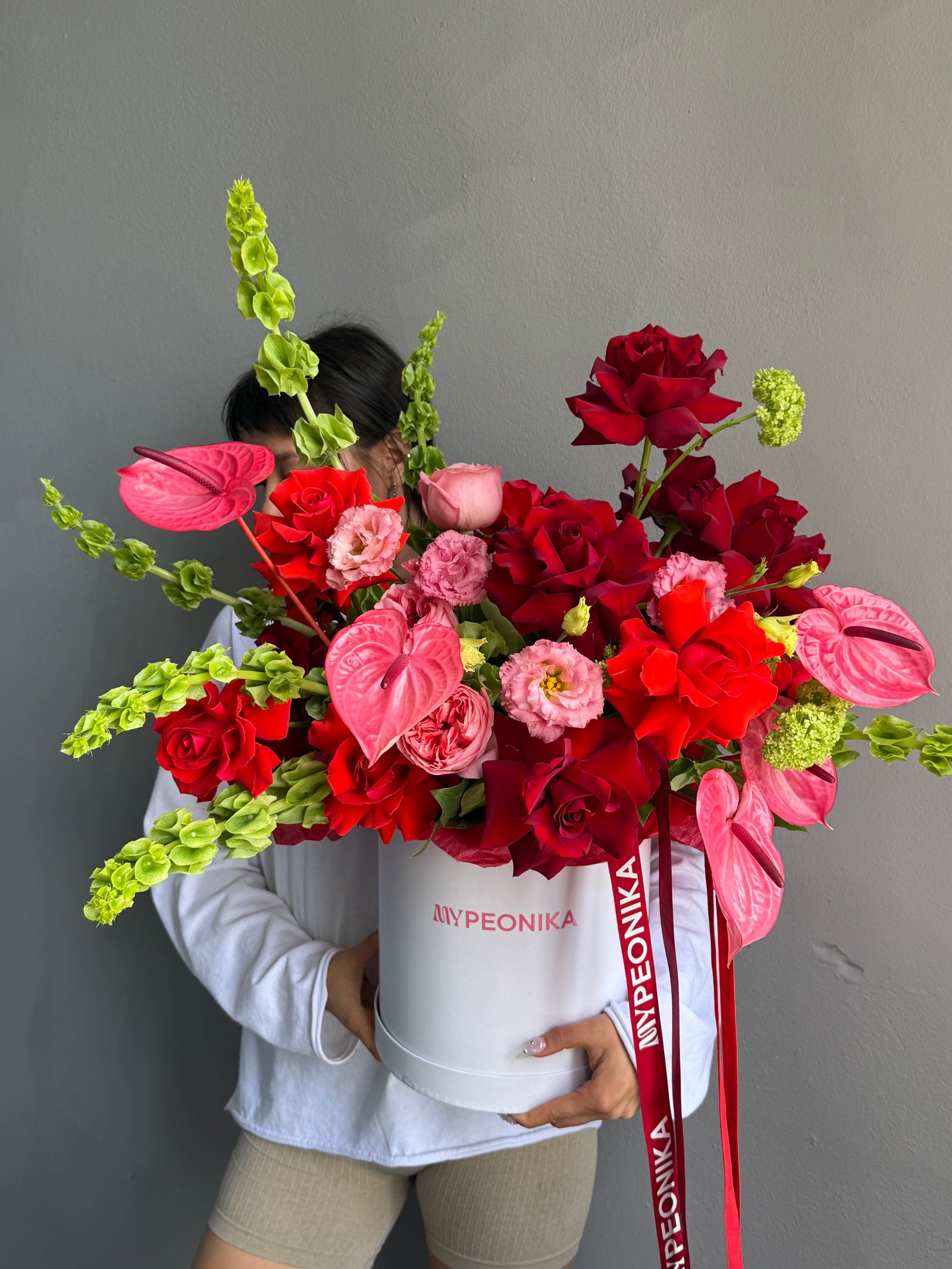 Flower Box “Too Good in Red” — anthurium, roses, viburnum