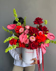 Flower Box “Too Good in Red” — anthurium, roses, viburnum