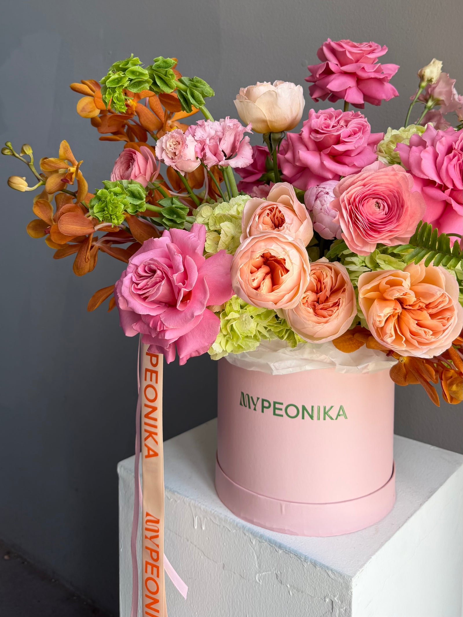 Flower Box “Amazonia” — peonies, roses, hydrangeas, ranunculus, moluccella