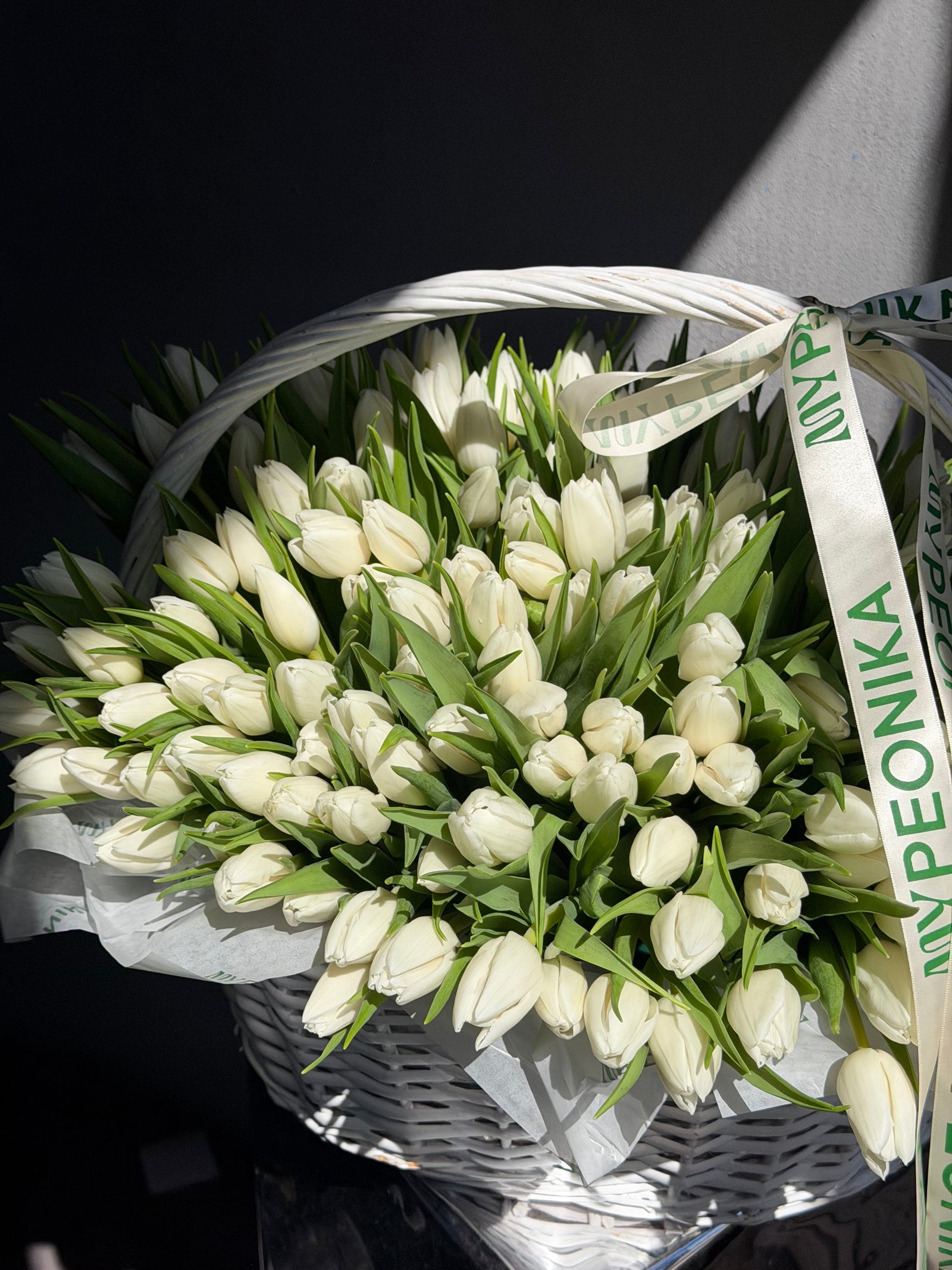 Flower Basket “If You Know, You Know” — 200 white tulips