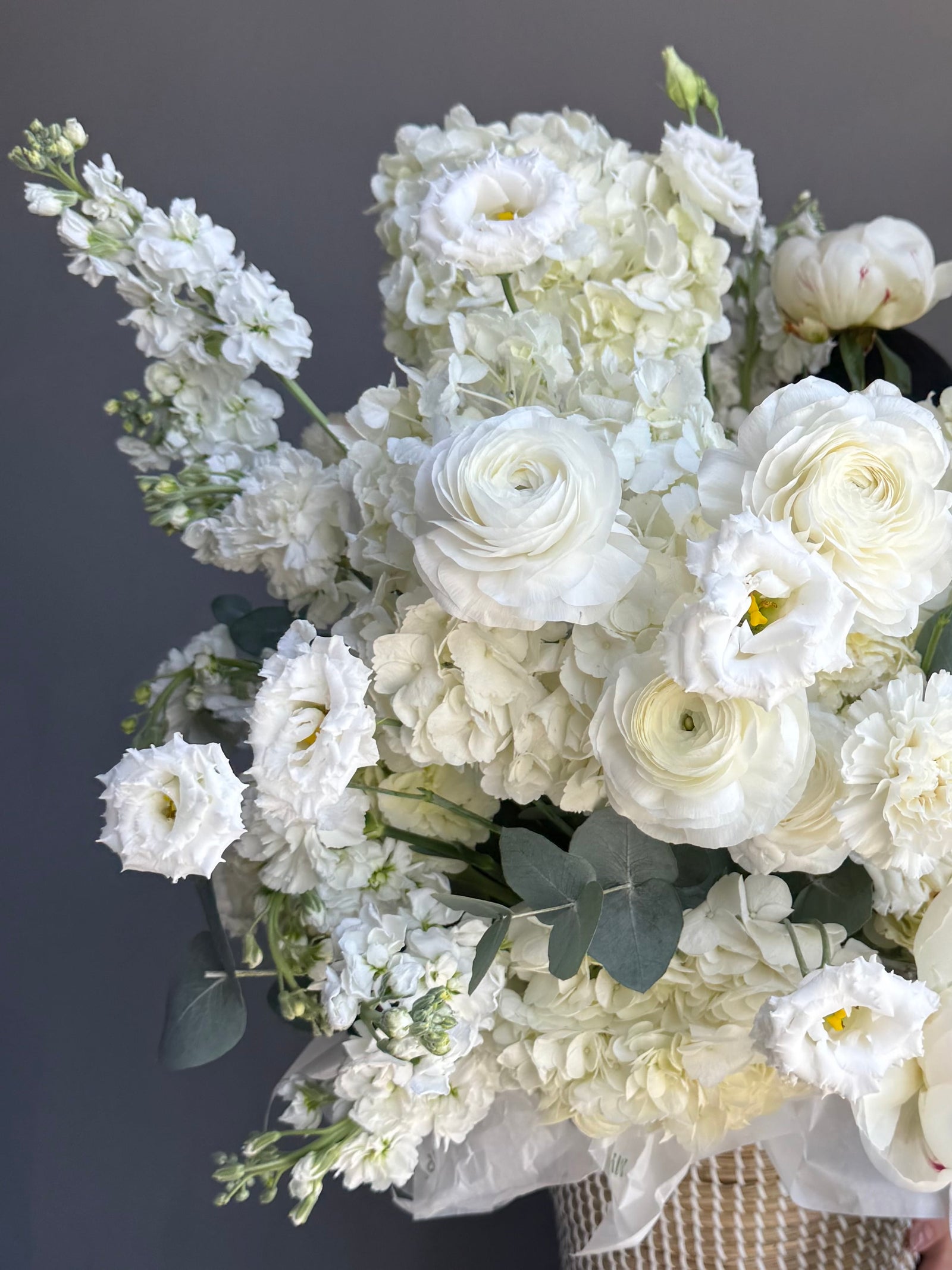 Flower Basket “Clean Girl Bloom” — roses, peonies, viburnum, lisianthus, ranunculus