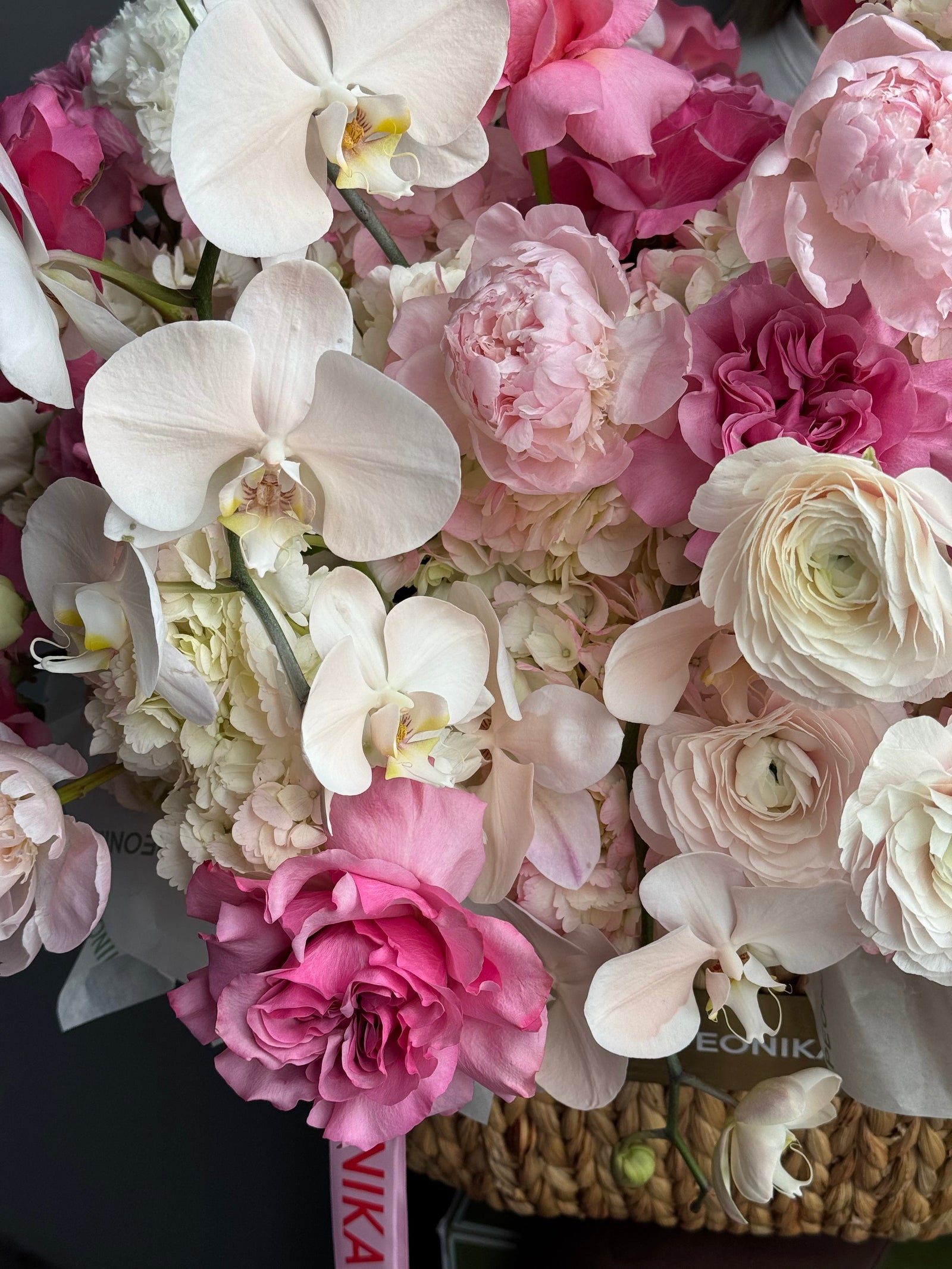 Flower Basket “The Way She Smiles” — roses, orchids, ranunculus