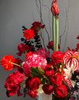 Interior Arrangement “Holiday Ruby Glow” — ranunculus, roses, hydrangea, anthurium, amaryllis
