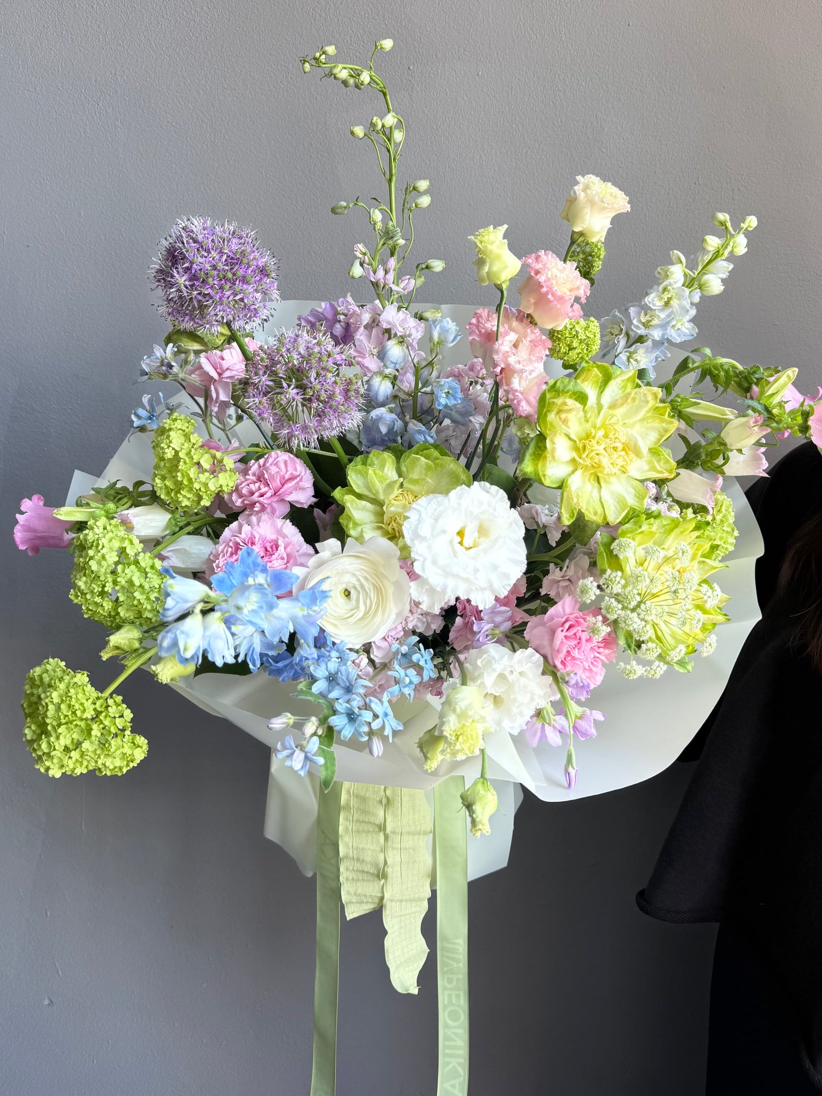 Bouquet “Color Me Happy” — veggie roses, allium, delphinium, campanula