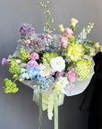 Bouquet “Color Me Happy” — veggie roses, allium, delphinium, campanula