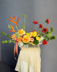 Vase Arrangement “No Beige” — gerberas, roses, green dianthus, hydrangea, viburnum, molucella, decorative apple