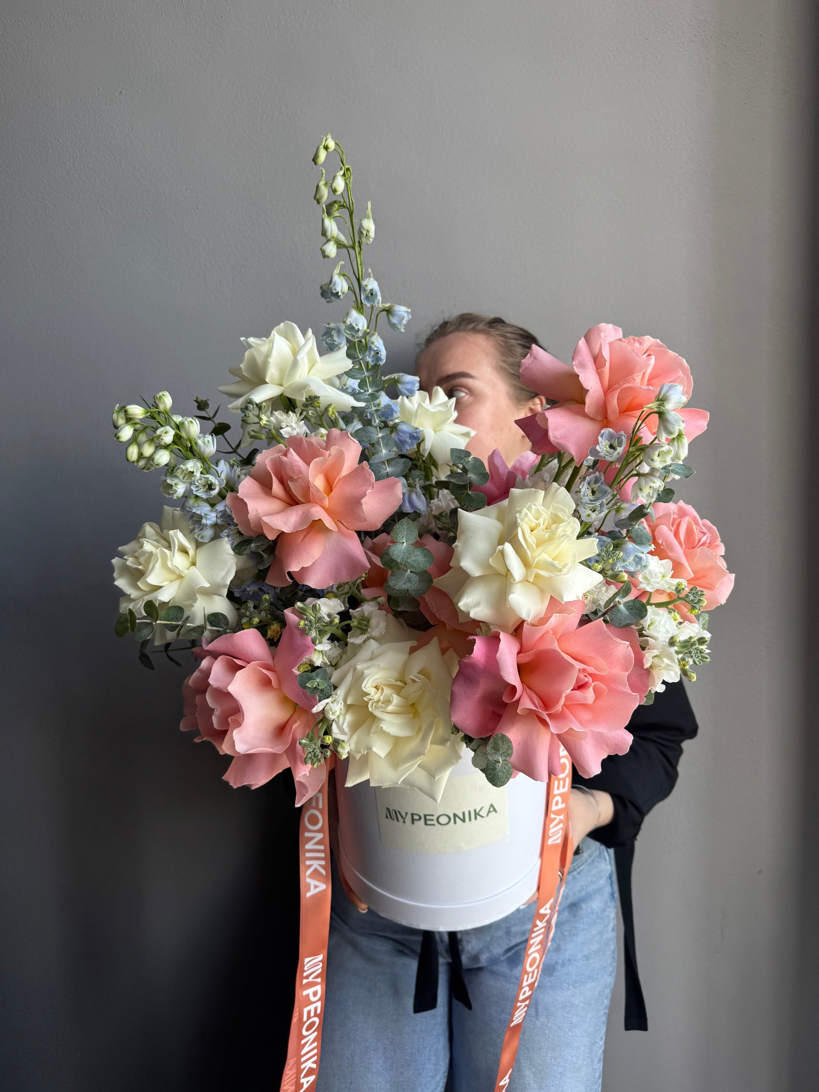 Flower Box "Pastel Serenity" - roses, delphiniums, stock