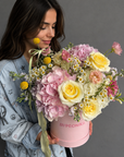 Flower Box “Sunny Side” — garden roses, hydrangea, daisies