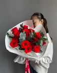 Bouquet “Red Nina” — roses, eucalyptus