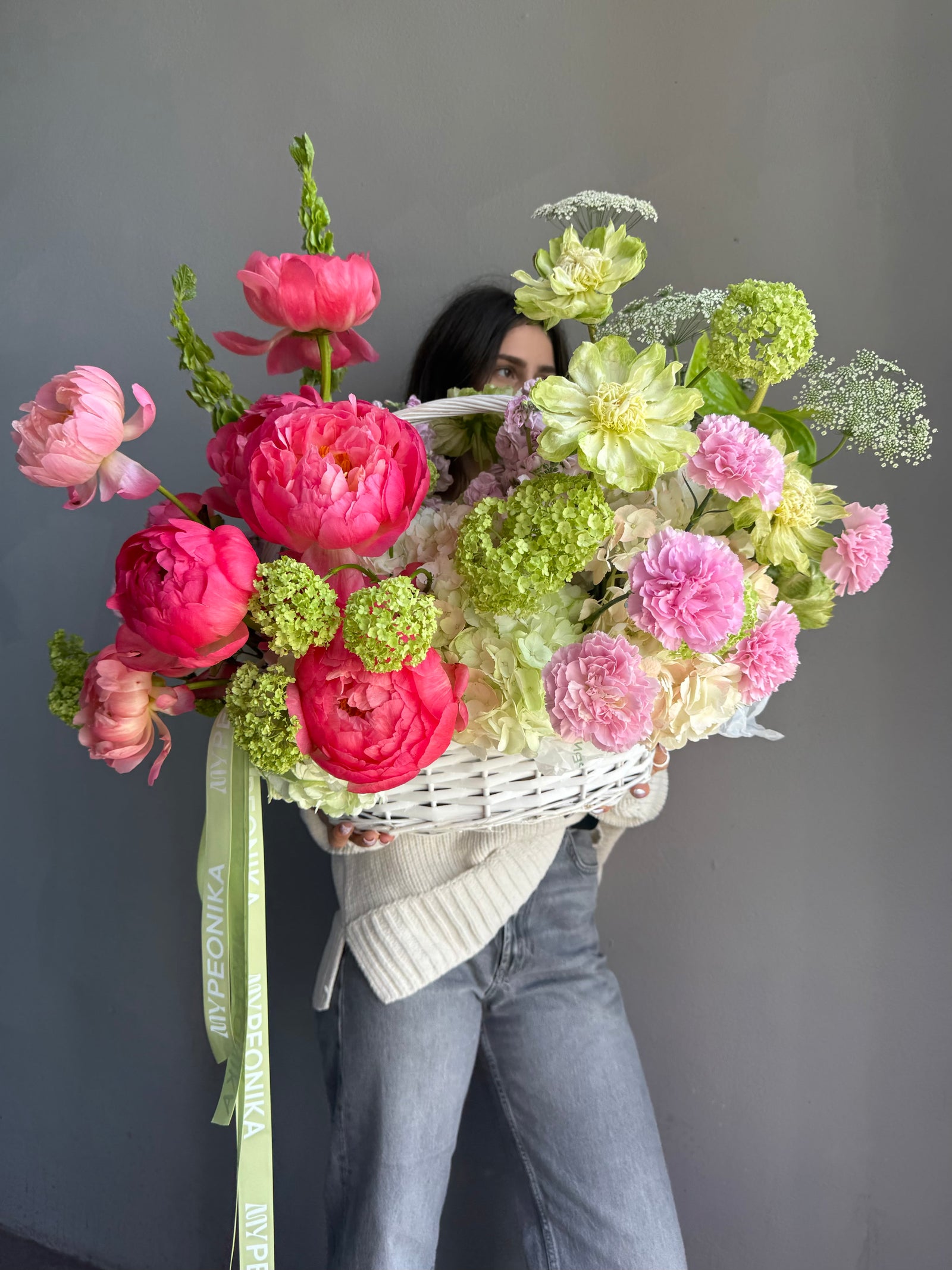 Flower Basket “Peak Summer” — peonies, veggie roses, viburnum, hydrangeas