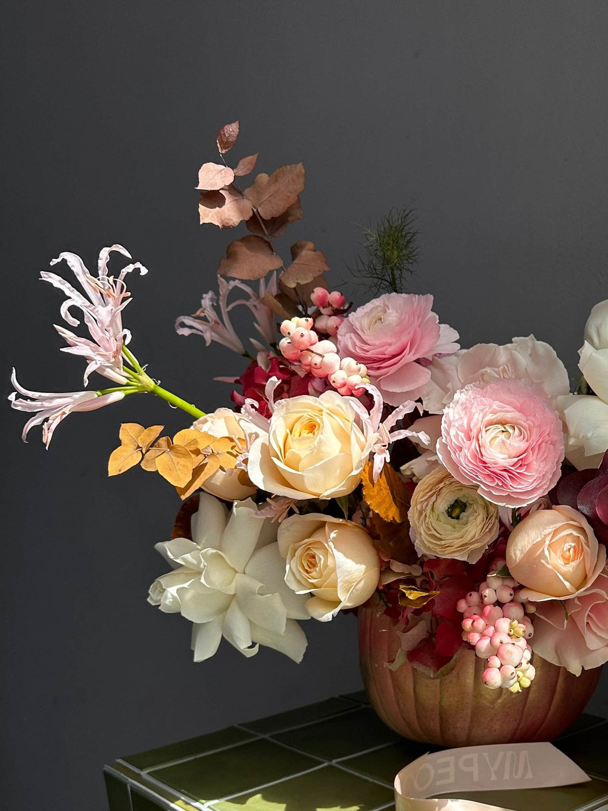 Floral arrangement “Pink Pumpkin” - ranunculuses, roses