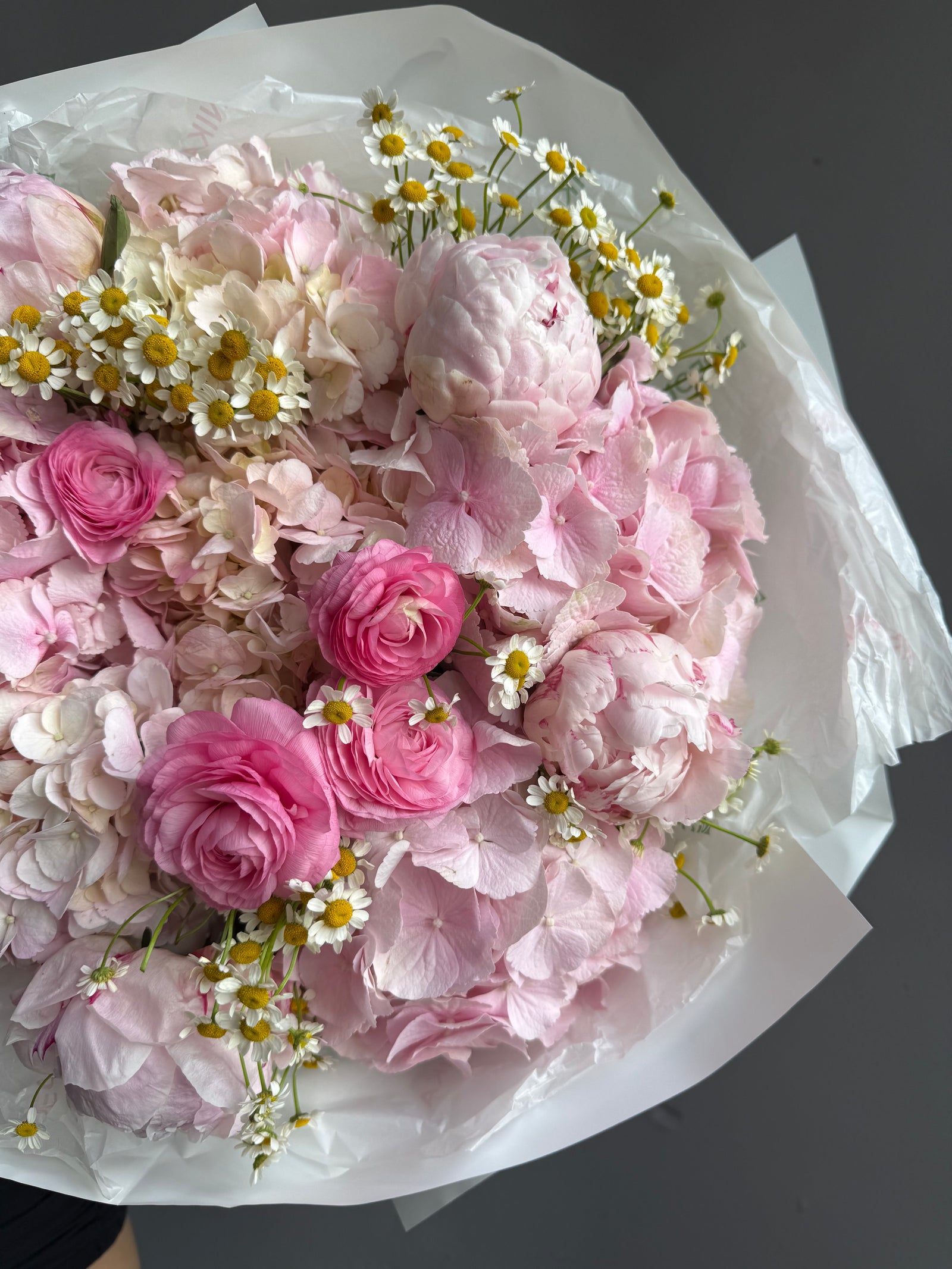 Bouquet "Warm Memories" - ranunculuses, peonies, chamomiles, hydrangeas