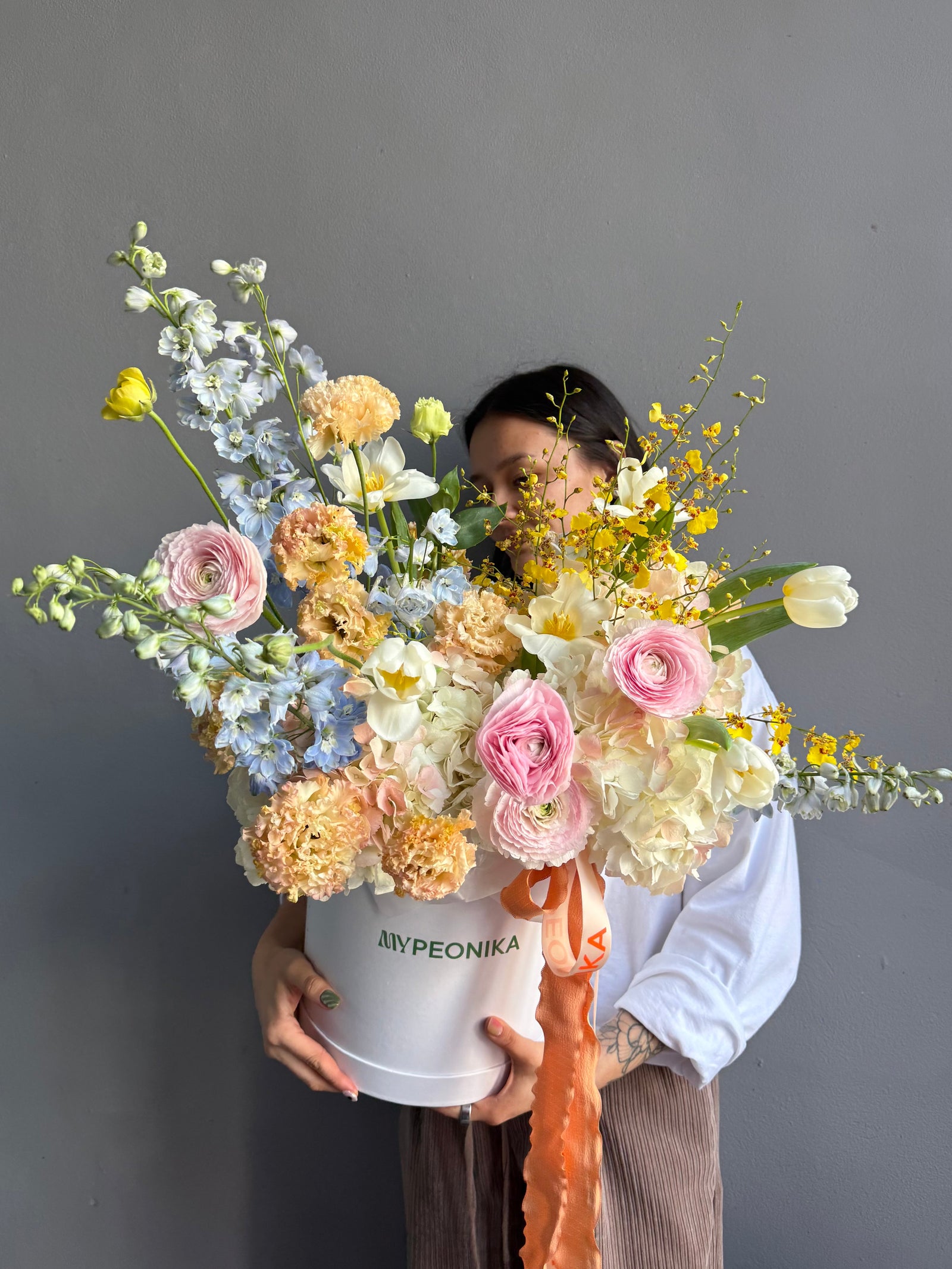 Flower Box “Fresh Start” — ranunculus, hydrangea, delphinium, lisianthus &amp; seasonal blooms