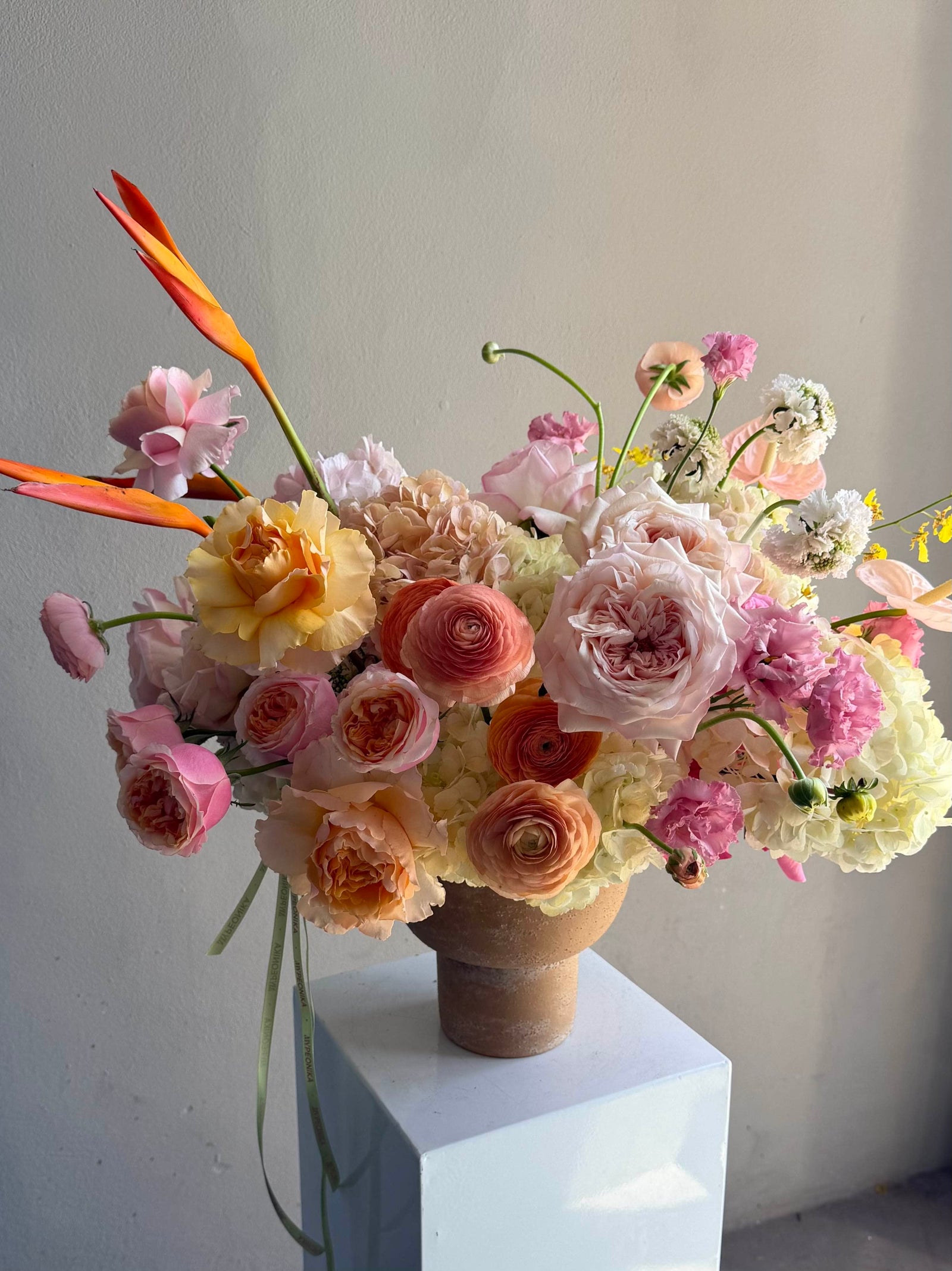Vase Arrangement “Dear September” — roses, ranunculus, hydrangea, bird of paradise