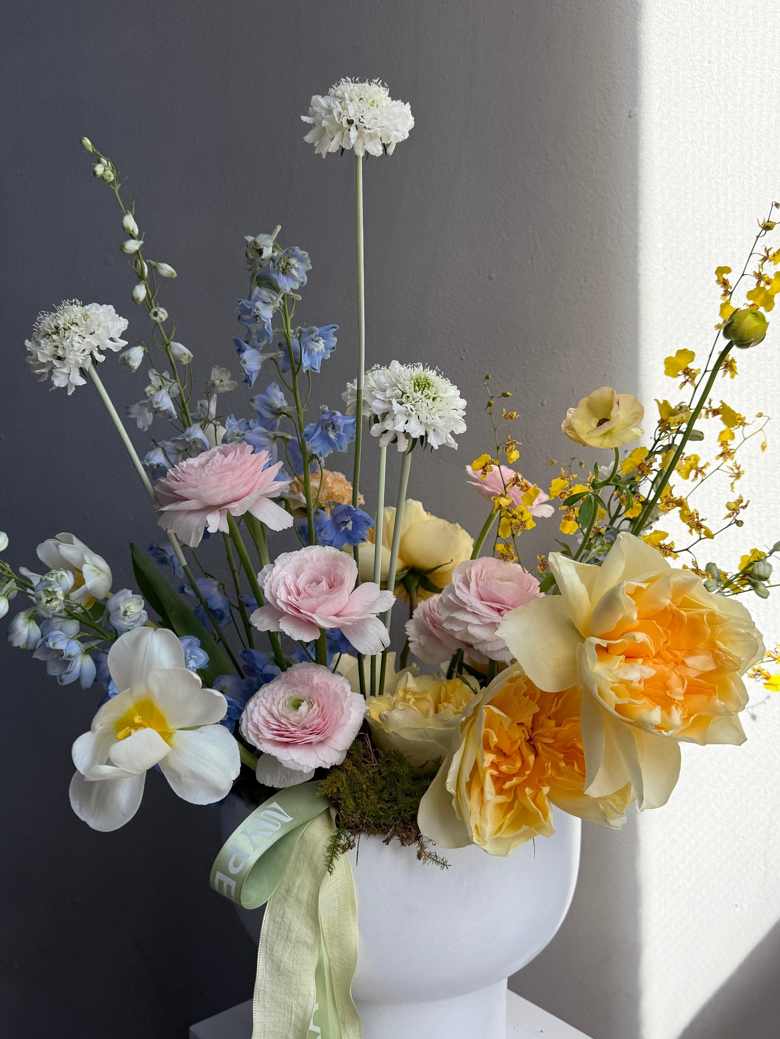 Interior Arrangement “Color Therapy” — ranunculus, roses, delphinium &amp; seasonal blooms