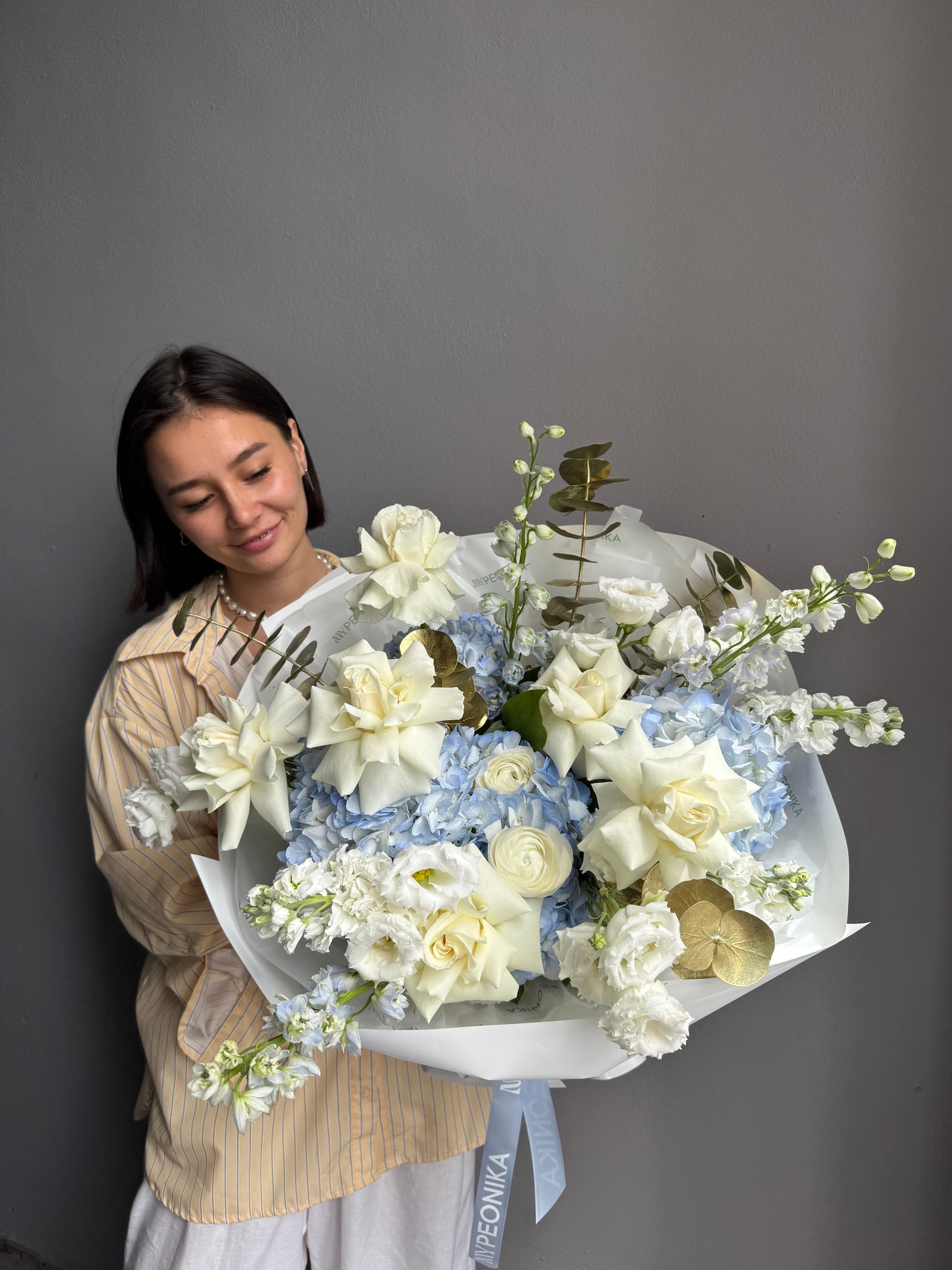 Bouquet “Ophelia” — delphinium, hydrangeas, ranunculus, roses